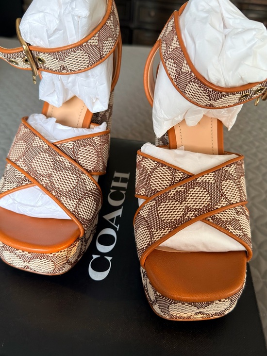 Coach Shoes - Coach Brown & Cream Canvas Platform Sandals with Ankle Strap
